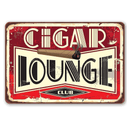 Vintage-style sign with 'Cigar Lounge Club' text and a cigar graphic on a red background.