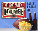 Decorative sign for 'Cigar Loungie Club' with football, chips, and beer bottles on a blue background.