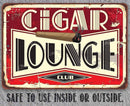 Vintage-style sign with 'Cigar Lounge Club' text and a cigar graphic on a red background.