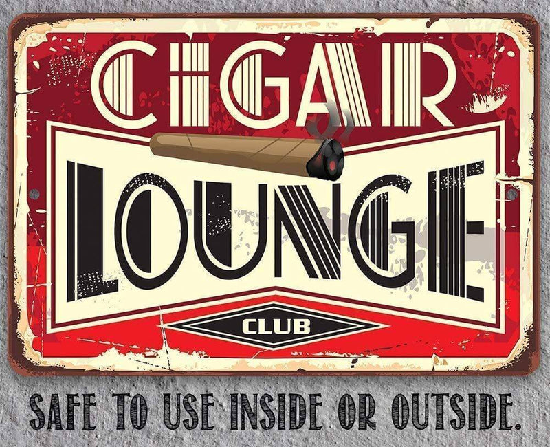 Vintage-style sign with 'Cigar Lounge Club' text and a cigar graphic on a red background.