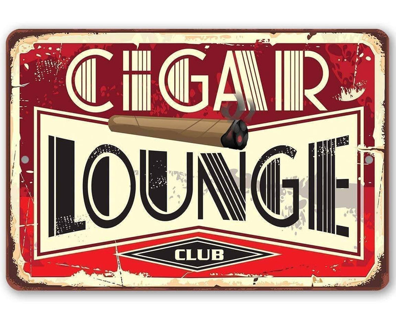 Vintage-style sign with 'Cigar Lounge Club' text and a cigar graphic on a red background.