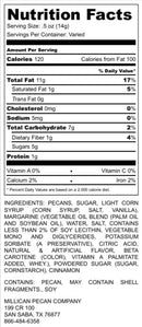 Nutrition Facts label for Millican Pecan Cinnamon Candied Pecans - 12 oz Bag by Millican Pecan, featuring 120 calories per serving. Details include fat, cholesterol, sodium, carbohydrates, sugars, protein, vitamins, ingredients—made with premium Texas pecans—and manufacturer information at the bottom.