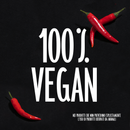 Three vibrant red chili peppers encircle bold text declaring “100% VEGAN” against a sleek black background, with a note in Italian below stating that Taycte Famiglia Crispino Calabrese Eggplant Pasta Sauce — Melanzane Sugo contains no animal-derived ingredients. The striking design captures the spirited flavors of authentic Calabrian cuisine from Taycte, recalling the rich taste of traditional Calabrese eggplant sauce and sun-ripened Italian tomatoes.