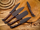 Five forged stainless steel knives with rosewood handles from Texan Knives’ 5 Pcs Kitchen Knife Set are displayed with their leather sheath—an excellent chef gift.