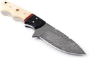 The Texan Knives Custom Handmade 4.5" Damascus Steel Skinning Knife by Texan Knives features a patterned blade and a contoured handle crafted from buffalo horn and camel bone.