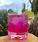 A vibrant pink margarita made with Brushfire Farms Prickly Pear Simple Syrup, served over ice with a lime wedge, sits on a rock among cacti and desert plants beneath a cloudy sky.