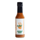 A 5 oz (148 mL) bottle of Culture Hot Sauce Coconut Curry features a white label with a handprint logo. This luscious orange-brown hot sauce from Culture Hot Sauce blends creamy coconut with vibrant Madras curry spices for a unique flavor and satisfying heat.