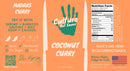 Label for Culture Hot Sauce Coconut Curry by Culture Hot Sauce. Features nutrition facts, QR code, social media handle, serving suggestions, local and handmade icons. Showcases a vibrant orange and teal design with a handprint and bottle silhouette. Experience the bold fusion of Madras curry spices in this creamy coconut curry hot sauce.