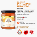 A jar of Texan Heartland Coconut Pineapple Habanero Hot Jam featuring a tropical, sweet, and lively flavor, displayed with award badges and suggested food pairings.
