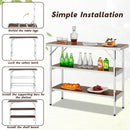 Step-by-step guide for assembling the DirectDeals Folding Camping Table with 2-Tier Open Shelves for Outdoor BBQ: unfold legs, lock latches, add support bars and shelves. Perfect outdoor prep table for bottles and food.