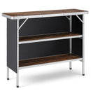 The DirectDeals Folding Camping Table with 2-Tier Open Shelves for Outdoor BBQ features a metal frame, wooden shelves and top, plus black side panels for a sleek, industrial look.