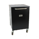 Introducing the Smokin Brothers Grill Companion Storage Work Station—a sleek black metal cabinet by Smokin Brothers, designed with four caster wheels for mobility, a silver handle on the front, and a small rectangular label on the door. This functional unit is perfect as an outdoor prep station or storage solution for your BBQ work station.