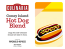 World Spice Coney Island Hot Dog Blend spice label featuring a hot dog topped with mustard and ketchup, with text highlighting the original World Spice recipe inspired by classic Coney Island hot dogs—perfect for bringing home that signature chili meat sauce flavor.
