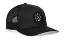 The Haka Hat Connecticut Trucker Hat is a black CON X snapback with a mesh back and a round front patch featuring intersecting lines and the letters C, O, N, and W.