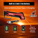 Here’s a rewritten version of your sentence using the provided product data: The Butcher BBQ Cordless Electric Knife – Carving and BBQ Knife by Butcher BBQ features a vibrant red cordless design, complete with a USB-C charging cable, battery level indicators (100%, 66%, 33%), bold text emphasizing its built-in 2.0Ah Li-ion battery and convenient Type C charging—engineered as the ultimate butcher BBQ knife for effortlessly slicing brisket—all showcased against a stunning sunset backdrop.