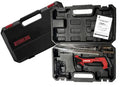 A black and red Butcher BBQ Cordless Electric Knife kit is displayed in an open hard case, featuring the carving and BBQ knife, multiple metal blades, a power cord, and an instruction manual. Perfect for brisket slicing or as a powerful alternative to a traditional cordless electric knife, this versatile Butcher BBQ tool is ideal for home cooks or BBQ enthusiasts. The closed case bears the “Butcher BBQ” brand name in red.