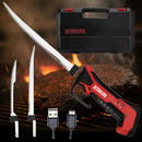 The Butcher BBQ Cordless Electric Knife - Carving and BBQ Knife includes three versatile blades, a USB charging cable, and a convenient carry case branded with the Butcher BBQ logo. Ideal for slicing brisket or handling any cut of meat, this electric knife is featured against a backdrop of sizzling barbecue with smoke rising from the grill.