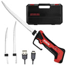 Introducing the Butcher BBQ Cordless Electric Knife – Carving and BBQ Knife by Butcher BBQ. This set includes three serrated blades, a black and red handle, a USB charging cable, and a black carrying case featuring the Butcher BBQ logo. Ideal for brisket slicing and all your barbecue needs, this convenient cordless knife makes carving effortless.