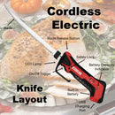 A labeled diagram of the Butcher BBQ Cordless Electric Knife - Carving and BBQ Knife by Butcher BBQ, ideal for slicing brisket, displays parts such as the blade, blade release button, safety lock, LED lamp, on-off trigger, battery indicator, built-in battery, and USB charging port over sliced turkey.