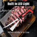 The Butcher BBQ Cordless Electric Knife – Carving and BBQ Knife by Butcher BBQ is shown slicing a cooked steak on a wooden cutting board. Ideal for brisket and barbecue enthusiasts, this cordless electric knife features a built-in LED light, auto on/off function, and only activates when in use.