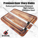 Two Butcher BBQ Cordless Electric Knives with black handles rest on a wooden cutting board: one features a 10-inch stiff blade and the other an 8-inch flex blade, each crafted for precision brisket slicing. The text highlights their high carbon stainless steel construction and corrosion-resistant design. The Butcher BBQ logo in the corner completes the presentation.