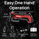 Butcher BBQ Cordless Electric Knife - Carving and BBQ Knife by Butcher BBQ, in red, measures 9 inches long and 3.75 inches high. Features icons for lightweight design, non-slip handle, reciprocating blades, and a washable hard case. Ideal as a cordless electric knife for slicing brisket or as your reliable butcher BBQ knife. Text: Easy One Hand Operation.