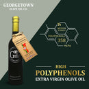 A bottle of Georgetown Olive Oil Co. Cobrançosa (PORTUGAL) Extra Virgin Olive Oil features a tag stating “Cobrançosa Portugal.” The label highlights “High Polyphenols” and “Medium Intensity,” with 358 mg/kg polyphenols in this outstanding Portuguese olive oil. Experience the balanced flavor and premium quality of Georgetown Olive Oil Co.'s Cobrançosa Extra Virgin Olive Oil—a true Medium Intensity EVOO crafted for discerning palates.
