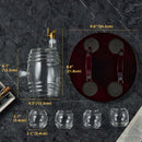 The Craftgen Barrel Whiskey Decanter Set by Craftgen features a barrel decanter with spigot, four glasses, and a round wooden stand—an ideal home bar centerpiece shown on a dark surface with measurements in inches and centimeters.