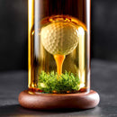 The Craftgen Golf Liquor Decanter Set by Craftgen features a golf ball on a tee atop artificial grass, encased in a whiskey decanter filled with amber liquid on a wooden base—an ideal choice for unique golf gifts.
