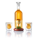 The Craftgen Golf Liquor Decanter Set by Craftgen features a whiskey decanter with a golf ball inside on a wooden base, paired with matching glasses with gold golf ball details—an elegant gift for any golf lover.