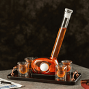 The Craftgen Golf Decanter Set by Craftgen features a golf club-shaped decanter filled with amber liquid and four matching shot glasses on a rectangular tray, creating a unique whiskey gift set against a dark background.