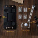 The Craftgen Golf Decanter Set by Craftgen, shaped like a golf club and including four glasses plus a tray, is shown with dimensions in inches and centimeters on a dark wooden surface—a perfect whiskey gift for enthusiasts.
