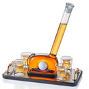 The Craftgen Golf Decanter Set by Craftgen features a golf club-shaped decanter with a golf ball inside, four glasses with gold golf ball designs, and a black tray with tee-shaped handles—perfect for whiskey-loving golf enthusiasts.