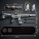 The Craftgen Rifle Whiskey Decanter Set by Craftgen includes a 22-inch long decanter, two 3-inch glasses, a 10-inch glass tube, a 23-inch base, and metal stand—unique barware perfect for your home bar.