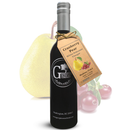 A bottle of Georgetown Olive Oil Co. Cranberry Pear White Balsamic, by Georgetown Olive Oil Co., with a tag, displayed in front of subtle images of a pear and cranberries.