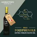 A dark olive oil bottle from Georgetown Olive Oil Co., labeled "Criolla (PERU) Extra Virgin Olive Oil," is displayed alongside graphics emphasizing Robust Intensity, Polyphenols 482 mg/kg, and High Polyphenol Extra Virgin Olive Oil.