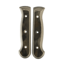 Two Messermeister Custom Barnwood Mod Kit Handles - Large, featuring curved edges and three holes each, are shown side by side on a white background—ideal for upgrading your chef’s knife.
