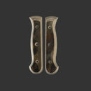 Two Messermeister Custom Barnwood Mod Kit Handle scales (Small) are shown side by side on a dark gray background. These multi-toned, smooth-edged custom handles are perfect for attaching to your knife or blade tang.