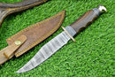 The Texan Knives Western Boulder Colorado Knife features a 13” handmade Damascus steel blade, rosewood handle, and comes with a brown leather sheath with yellow stitching and a brass snap.