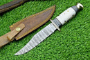 The Texan Knives Hand-Forged Western Boulder Colorado Knife features an 11" Damascus steel blade, brass guard, and resin grip, shown on green grass next to its brown leather sheath with snap closure.