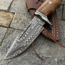 The 🔥 Handmade Damascus Steel Hunting Knife by Texan Knives features a patterned blade, rosewood handle, Damascus guard, and comes with a leather sheath—an elegant tool for hunters and collectors.