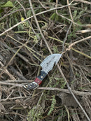 The Texan Knives Premium Custom Handmade Damascus Steel Guthook Skinning Knife features a patterned 7.5" blade, resin handle, and comes with a leather sheath—displayed outdoors on dry twigs and leaves.