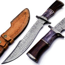 The Texan Knives Damascus Steel Western Brand features two 15" knives with wavy blades and color bone & buffalo horn handles, displayed beside a tan leather sheath with decorative stitching.
