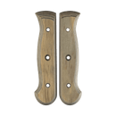 The Messermeister Custom Driftwood Mod Kit Handle - Large features two curved-edge wooden scales with four holes each, perfect as a sustainable handle or upgrade for your Messermeister knife, shown side by side on a white background.