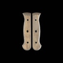 Two symmetrical wooden scales with curved edges and four round holes each are displayed side by side on a black background—ideal for upgrading your Messermeister Custom Driftwood Mod Kit Handle - Large by Messermeister.