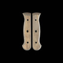 Two symmetrical Messermeister Custom Driftwood Mod Kit Handle - Medium scales, eco-friendly and pre-drilled for screws, are shown side by side on a black background.