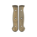 The Messermeister Custom Driftwood Mod Kit Handle - Medium features contoured wooden scales with three holes each, shown side by side on a white background—an eco-friendly knife handle upgrade from Messermeister.