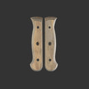 Two Messermeister Custom Driftwood Mod Kit Handle - Small scales are displayed side by side on a plain black background, offering a stylish upgrade for your knife handle.