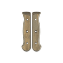 Two symmetrical Messermeister Custom Driftwood Mod Kit Handles - Small, each with three holes and a contoured wood grain design, are shown side by side on a white background. Ideal for customizing your knife.
