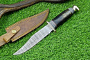 The Texan Knives Western Boulder Colorado Knife features an 11" handmade Damascus steel blade, brass guard, and epoxy resin handle. Shown with a leather sheath (yellow stitching, snap closure) on grass; antler in background.